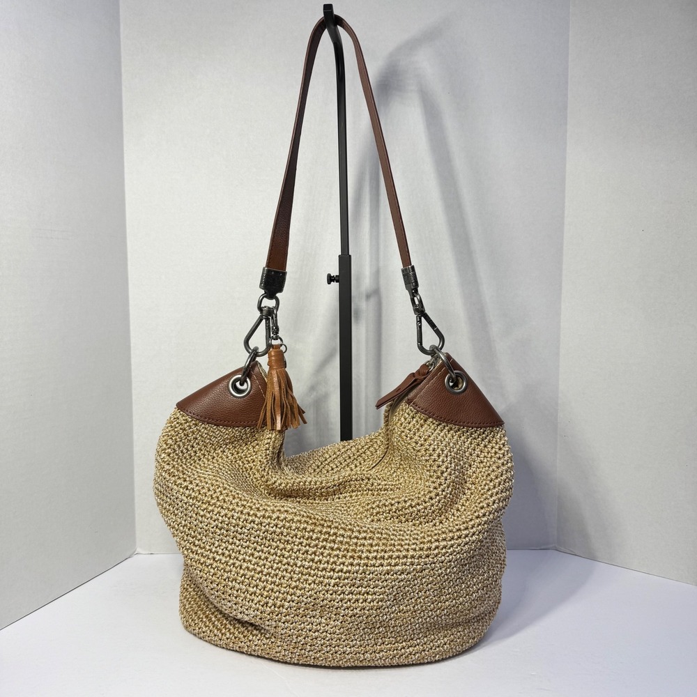The Sak Crochet Hobo Bag Beige Brown Woven Slouchy Shoulder Bag with Tassel EUC